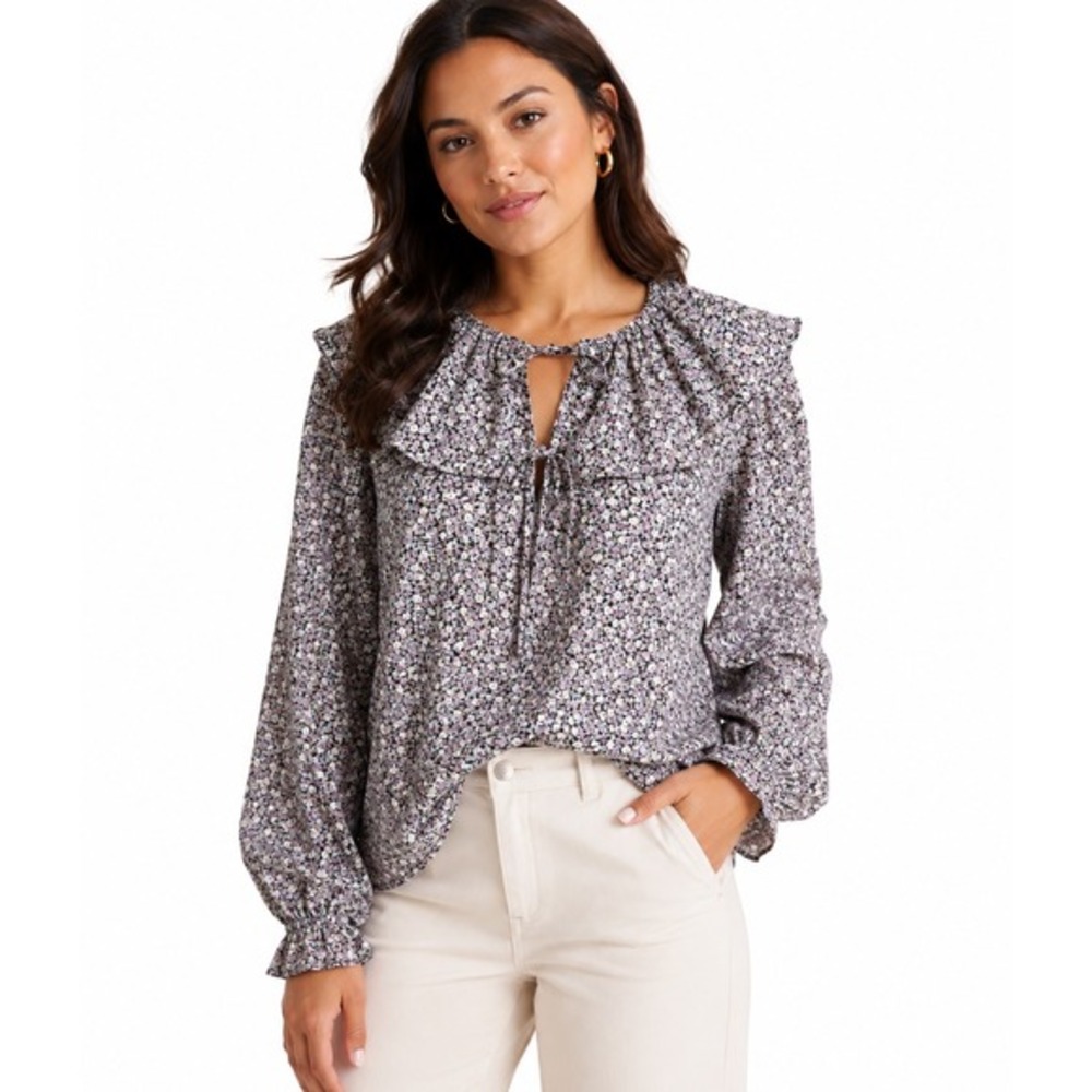 H&M Floral Ruffle Collar Blouse Purple White Ditsy Print Long Sleeve Top L 51-03